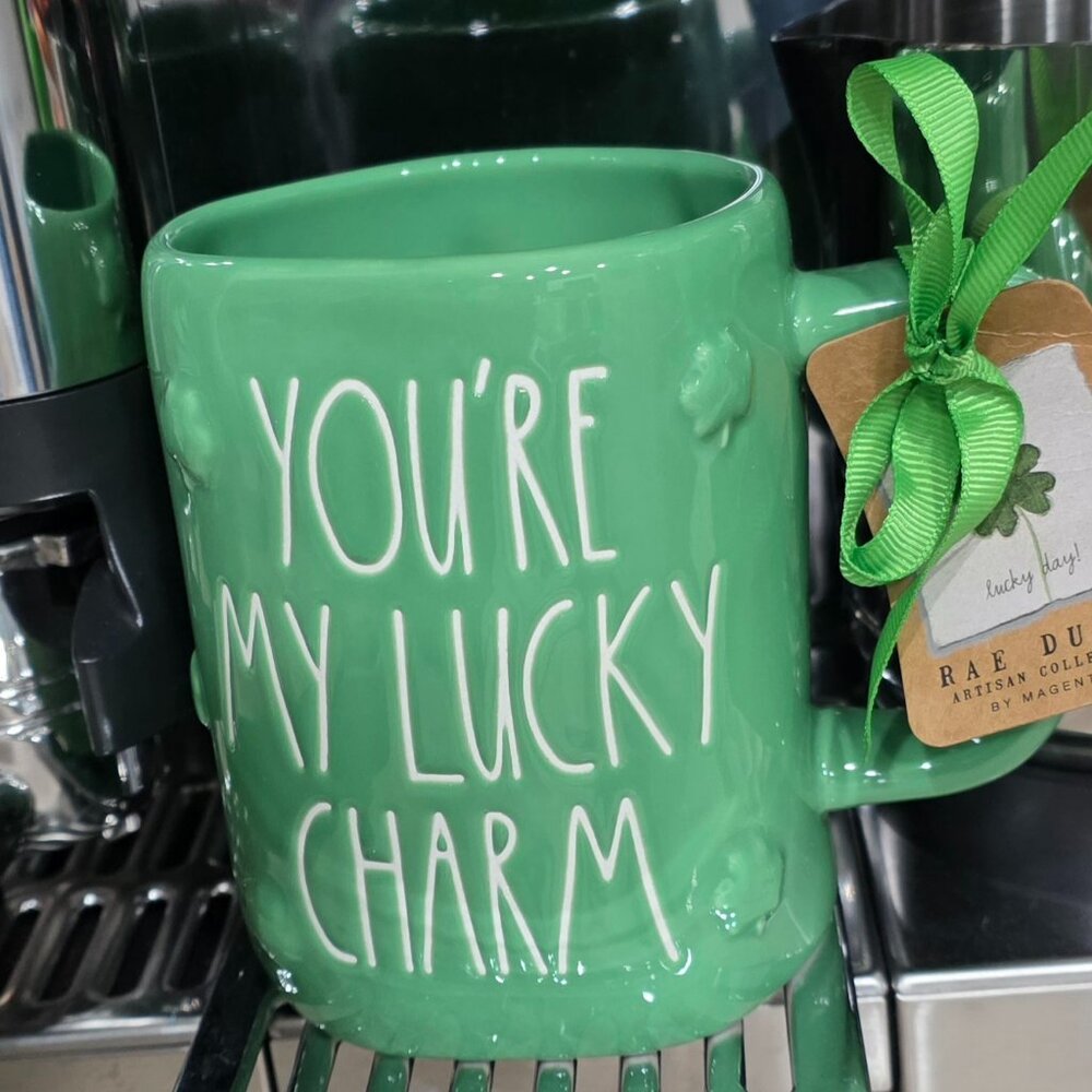 Rae Dunn "You’re My Lucky Charm" Green Mug Raised Shamrock St. Patrick’s Day NWT